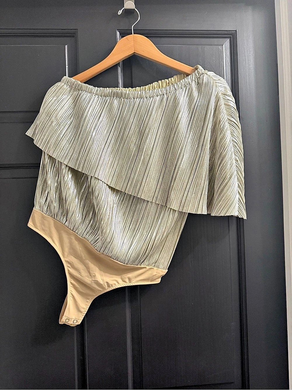 Express x Rachel Zoe Metallic Draped One Shoulder Thong Bodysuit Small
